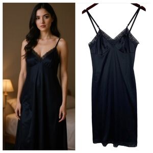 Vtg 70s 80s Vanity Fair 32 (L) Nightgown Chemise Slip Lingerie Black Lace